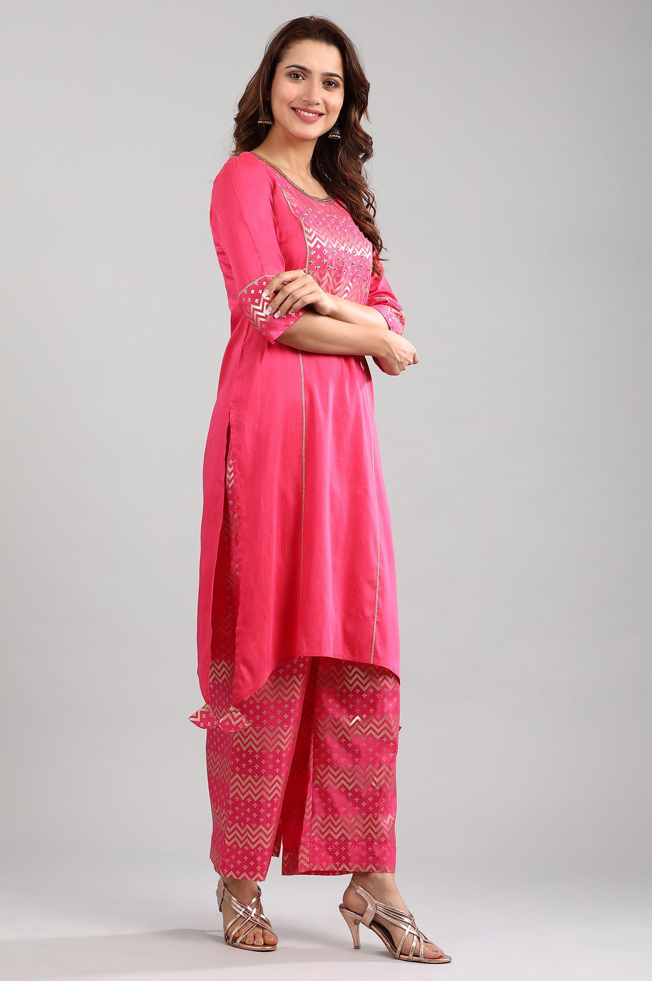 Pink Round Neck Asymmetrical kurta Set