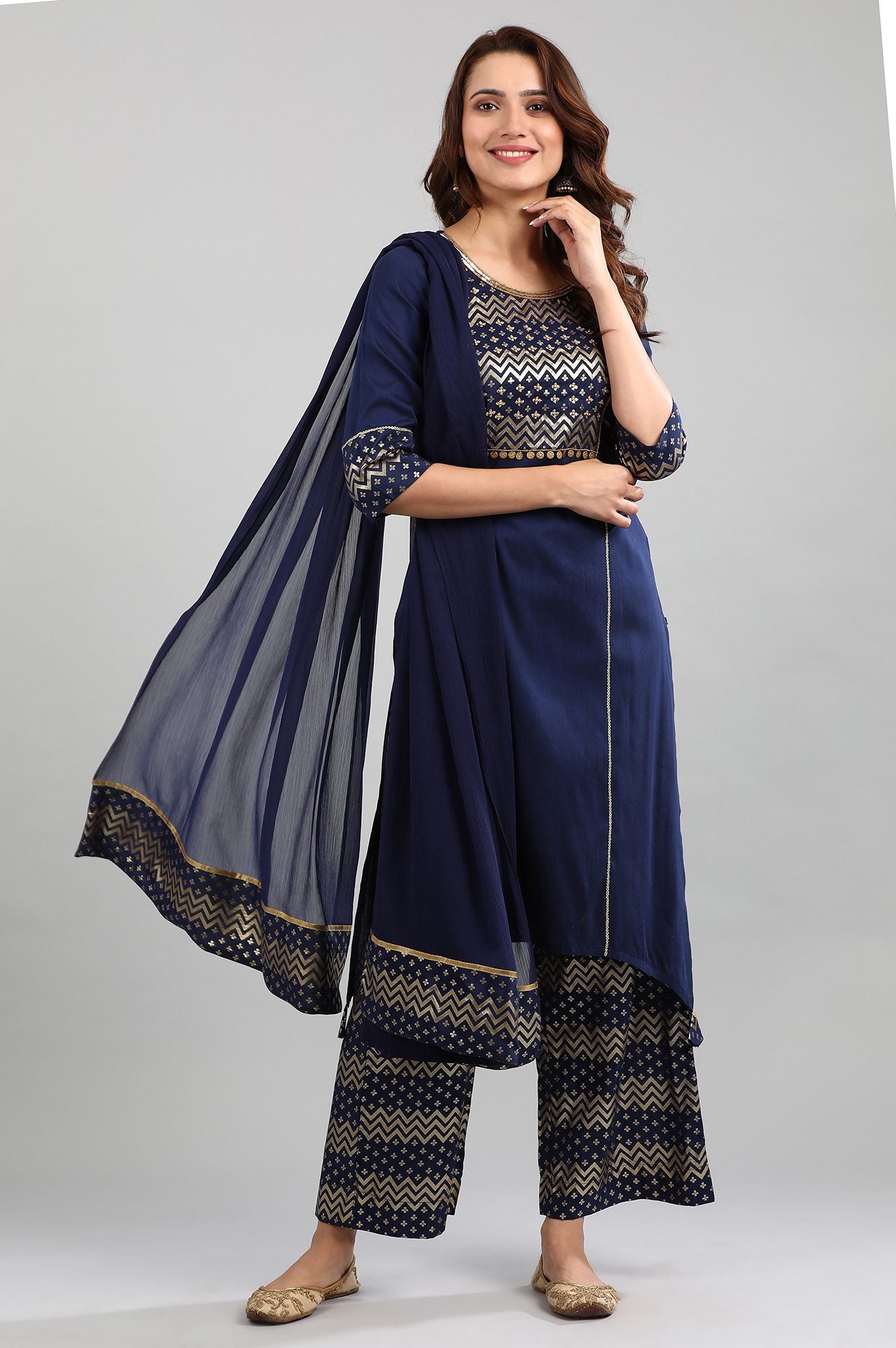 Blue Round Neck Asymmetrical kurta Set