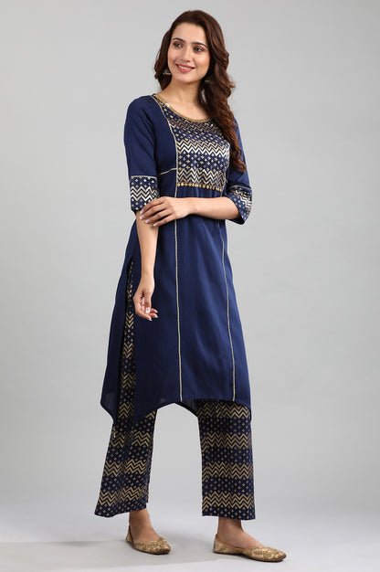 Blue Round Neck Asymmetrical kurta Set