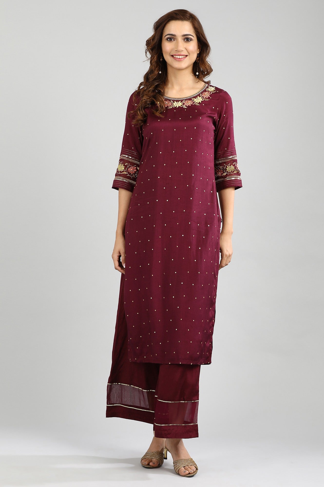 Wine Round Neck Floral Embroidered kurta Set