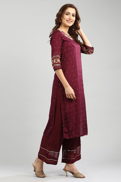 Wine Round Neck Floral Embroidered kurta Set