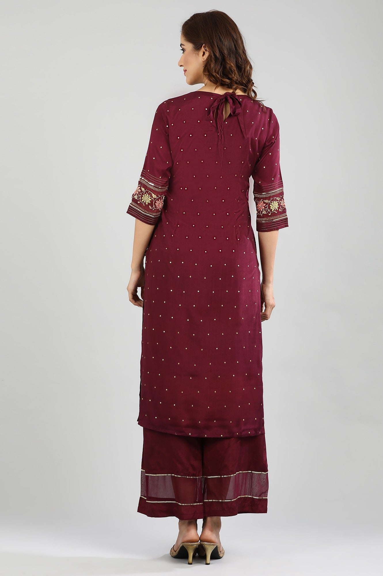 Wine Round Neck Floral Embroidered kurta Set