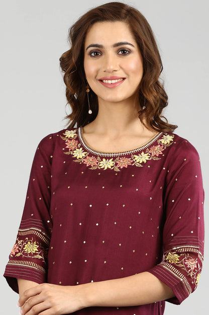 Wine Round Neck Floral Embroidered kurta Set