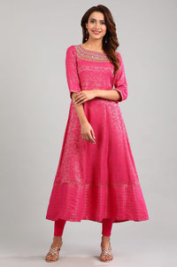 Pink Round Neck Yarn-dyed kurta Set