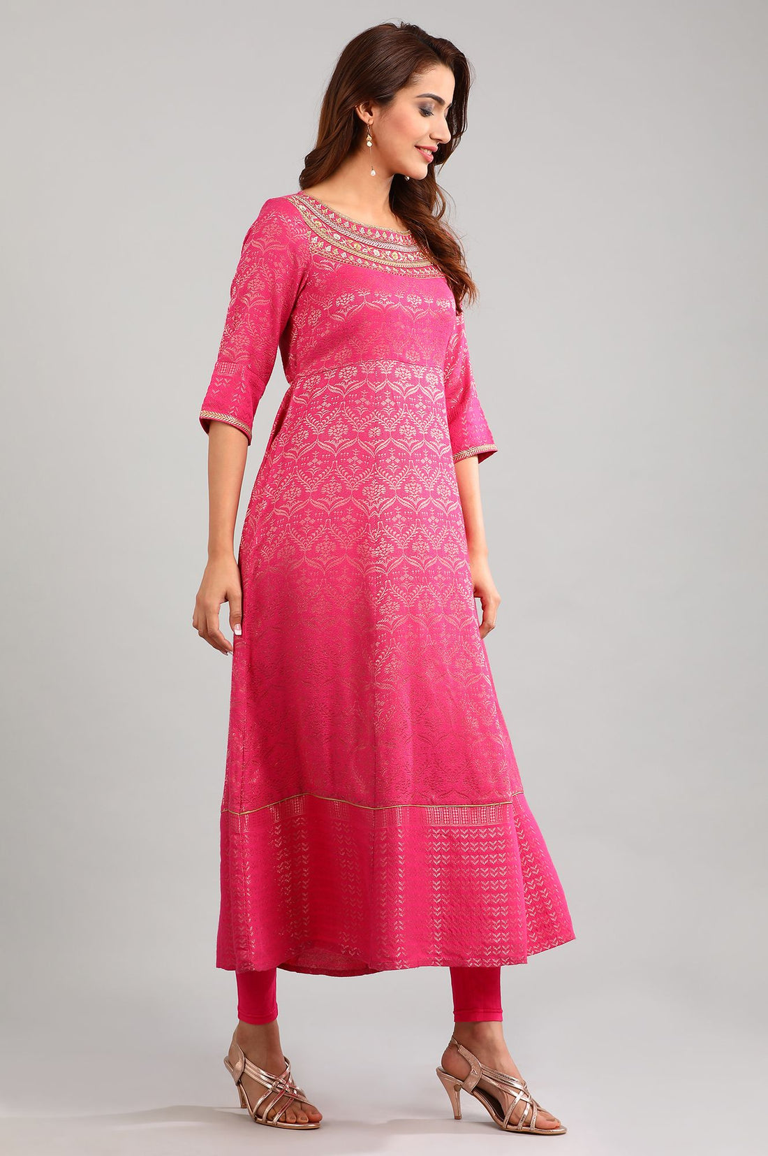 Pink Round Neck Yarn-dyed kurta Set