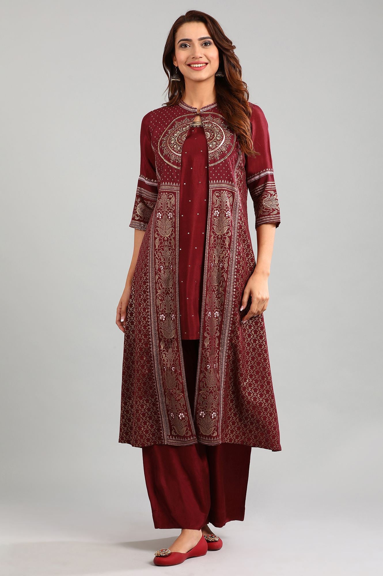 Maroon Band Collar Embellished kurta Set