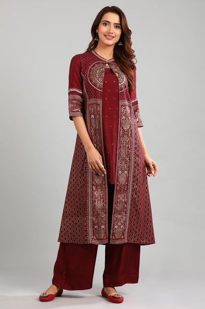 Maroon Band Collar Embellished kurta Set