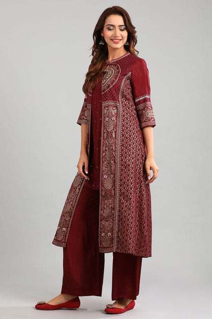 Maroon Band Collar Embellished kurta Set