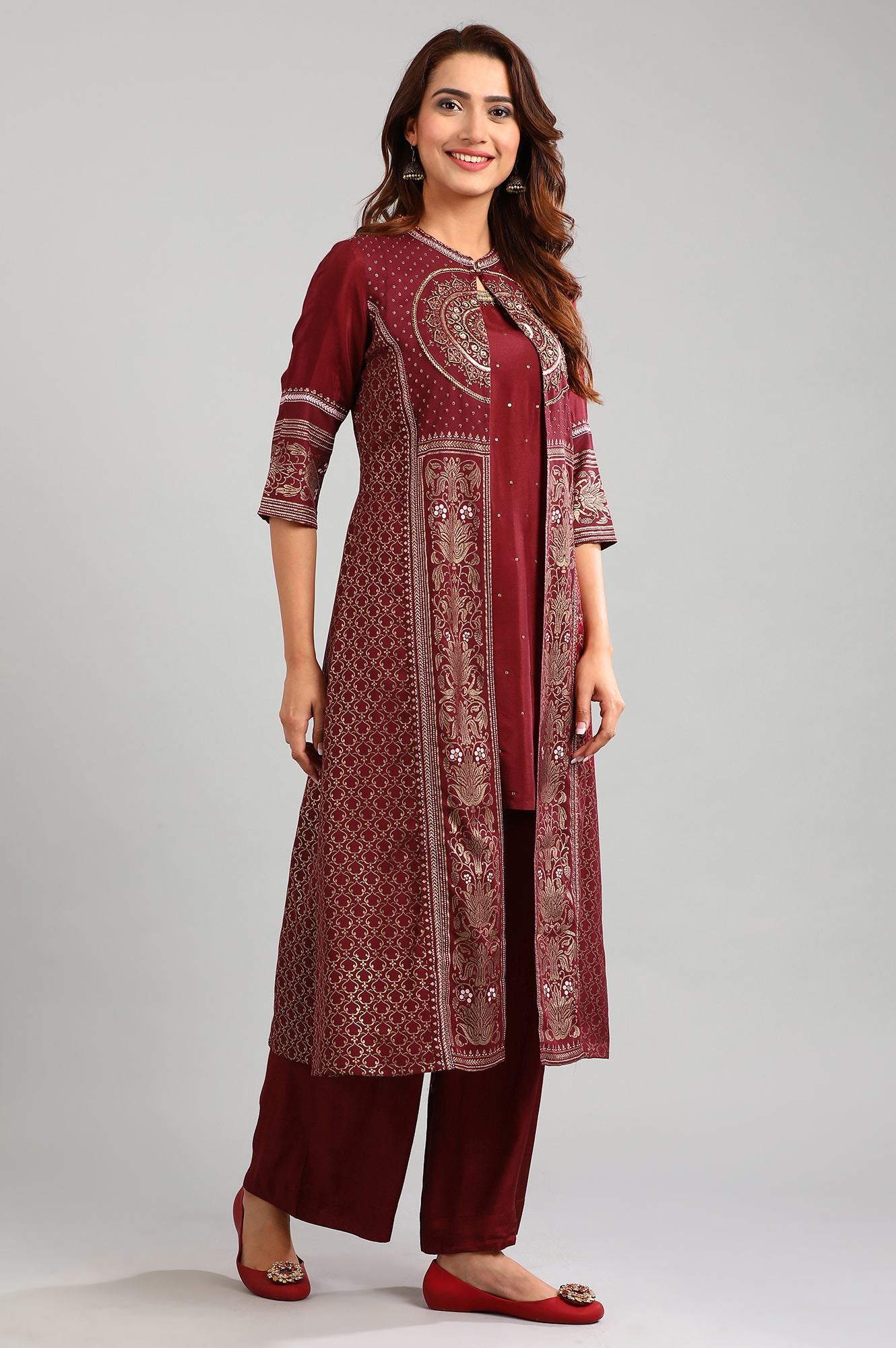 Maroon Band Collar Embellished kurta Set