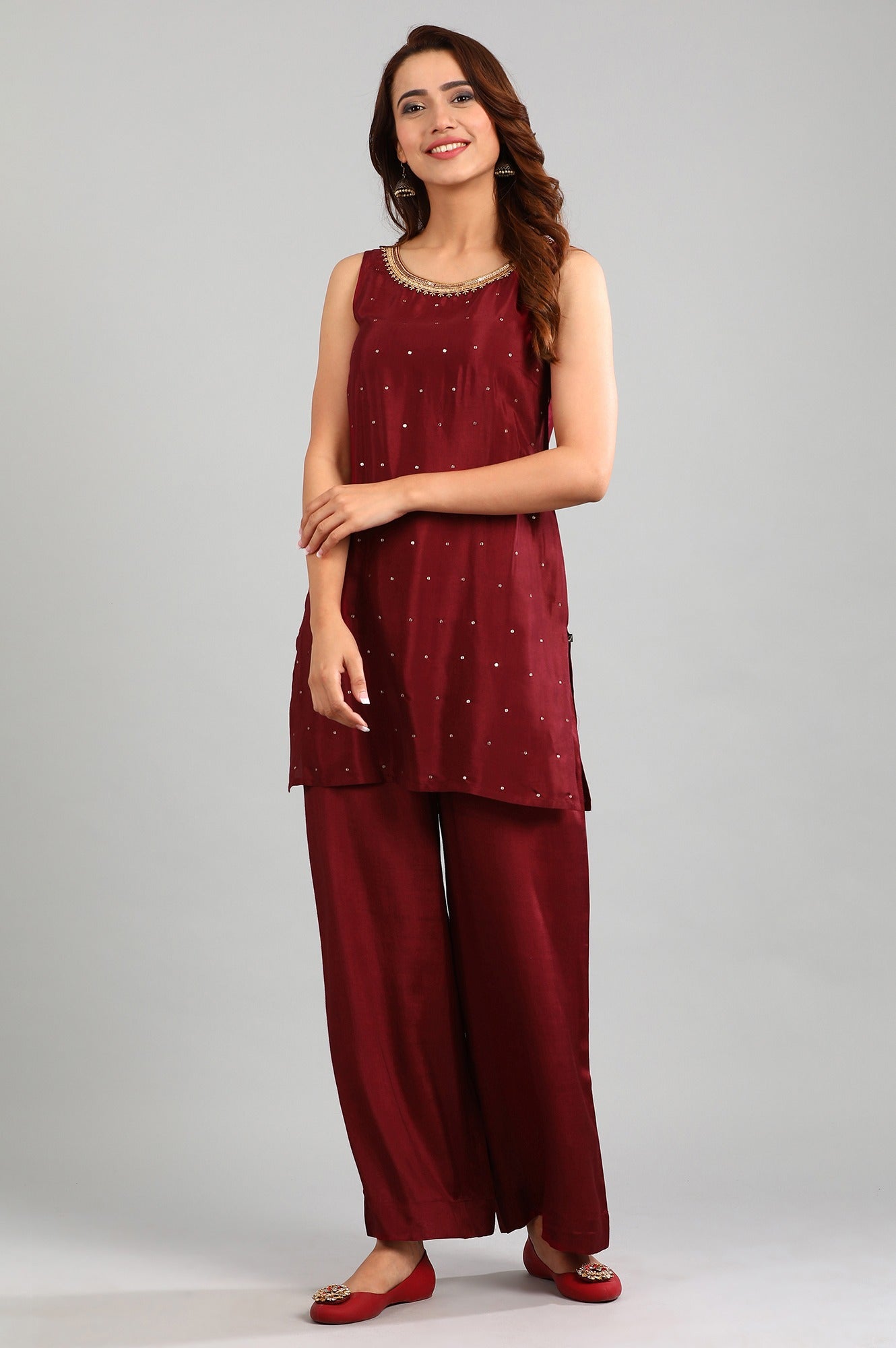 Maroon Band Collar Embellished kurta Set