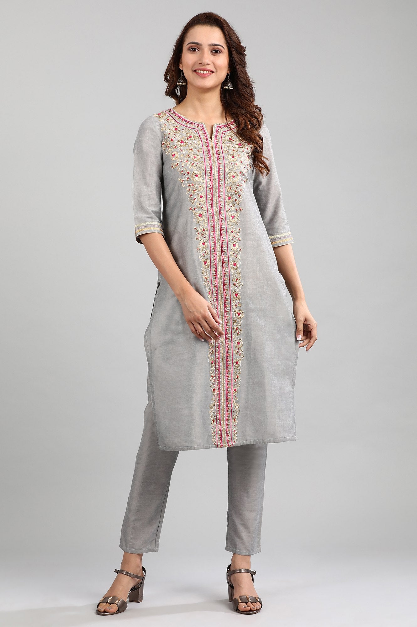 Grey Round Neck Yarn-dyed kurta Set