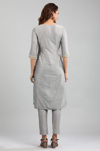 Grey Round Neck Yarn-dyed kurta Set