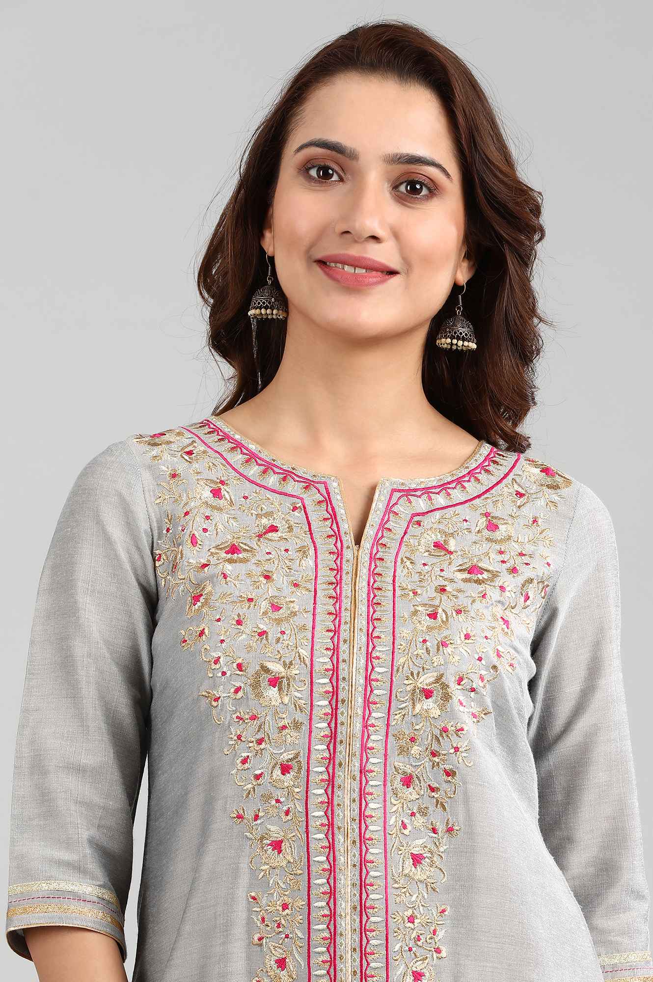 Grey Round Neck Yarn-dyed kurta Set