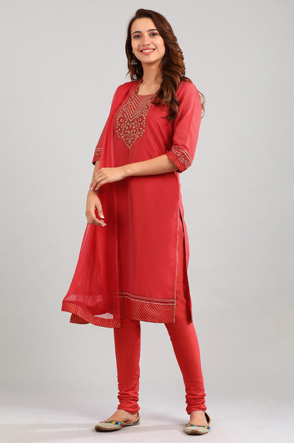 Red Square Neck Yarn-dyed kurta Set