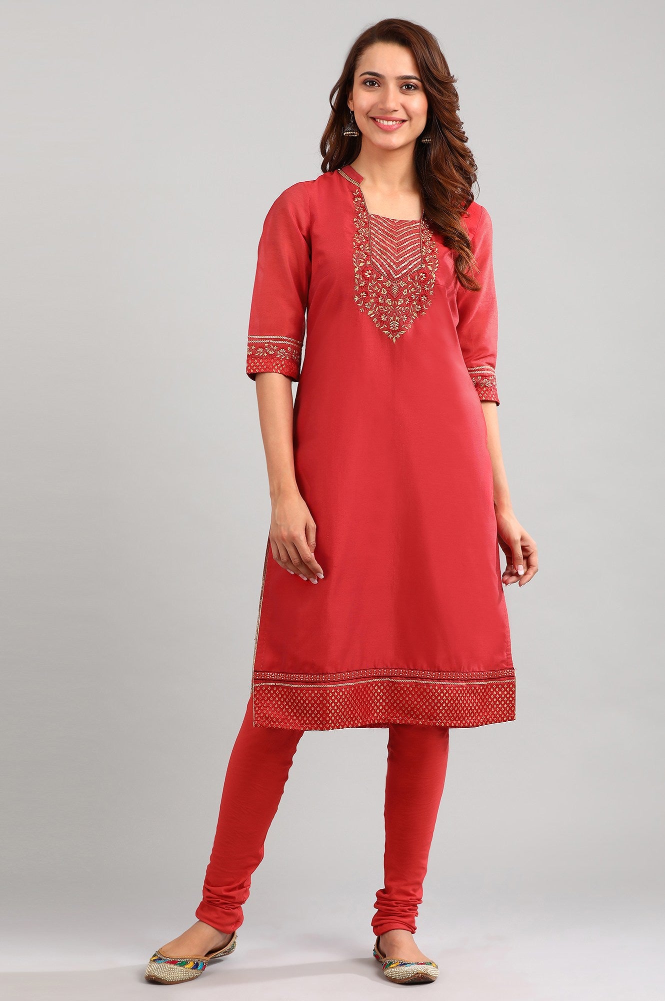 Red Square Neck Yarn-dyed kurta Set