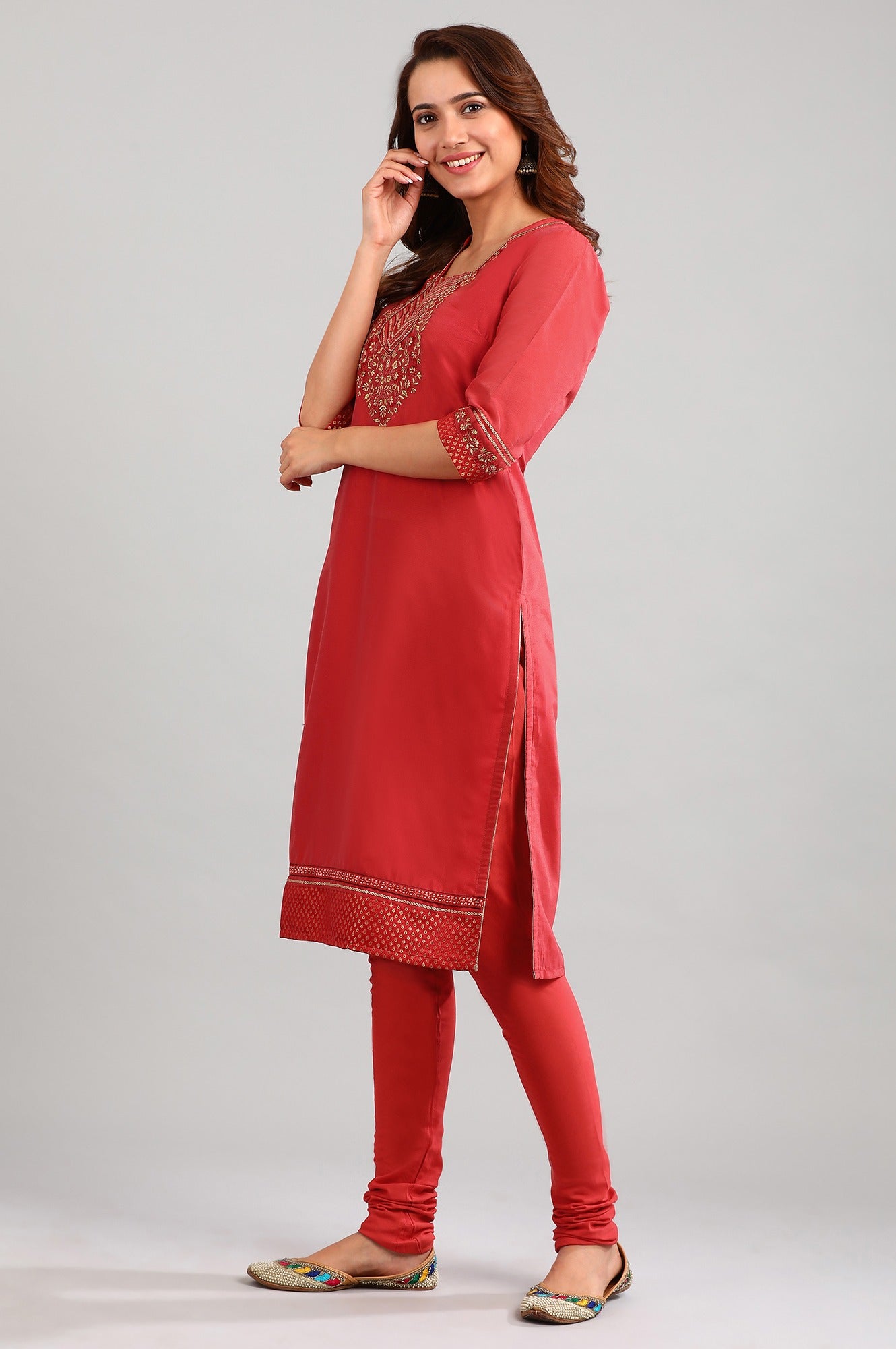 Red Square Neck Yarn-dyed kurta Set