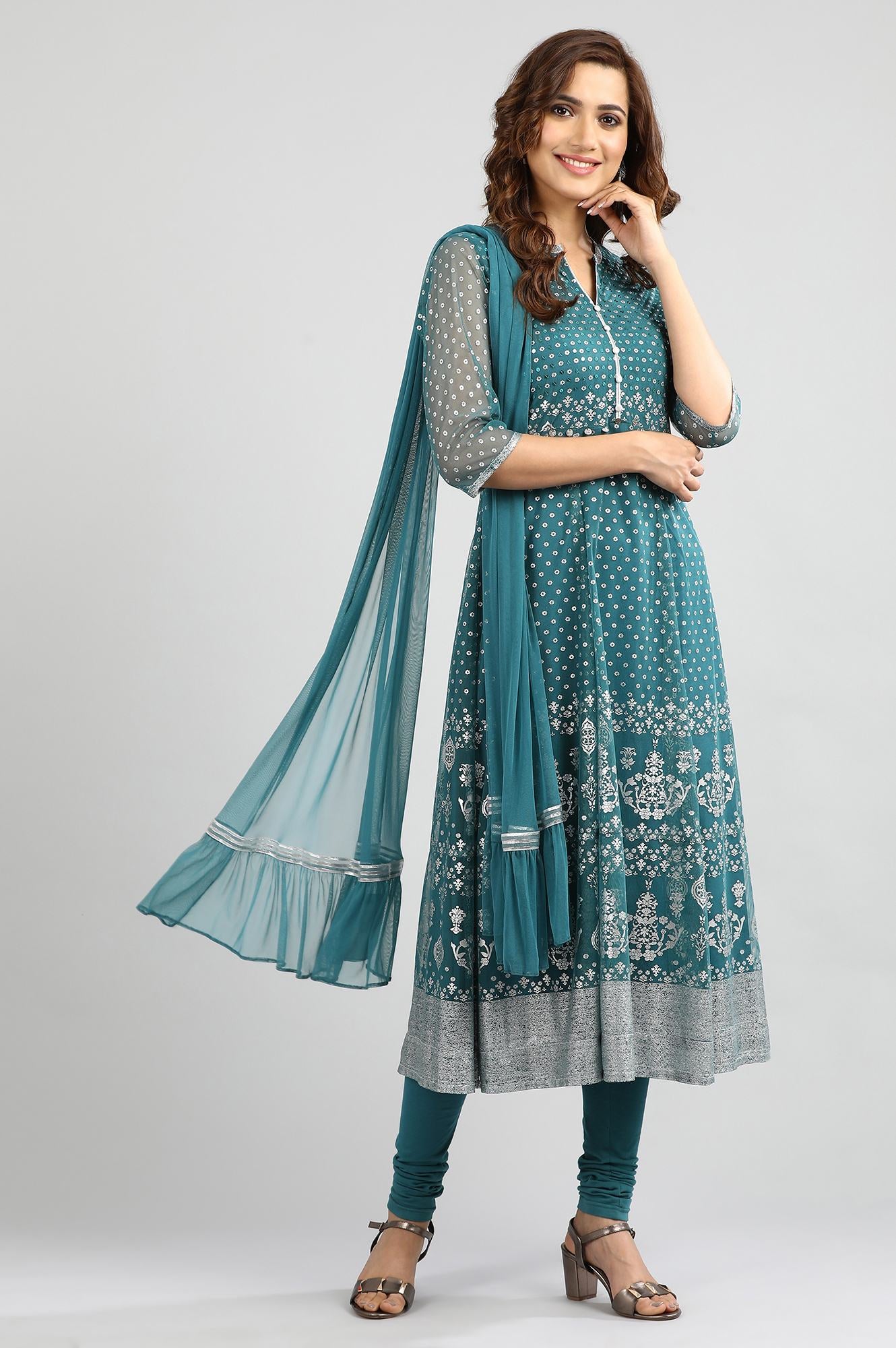 Teal Blue Band Collar Embellished kurta Set