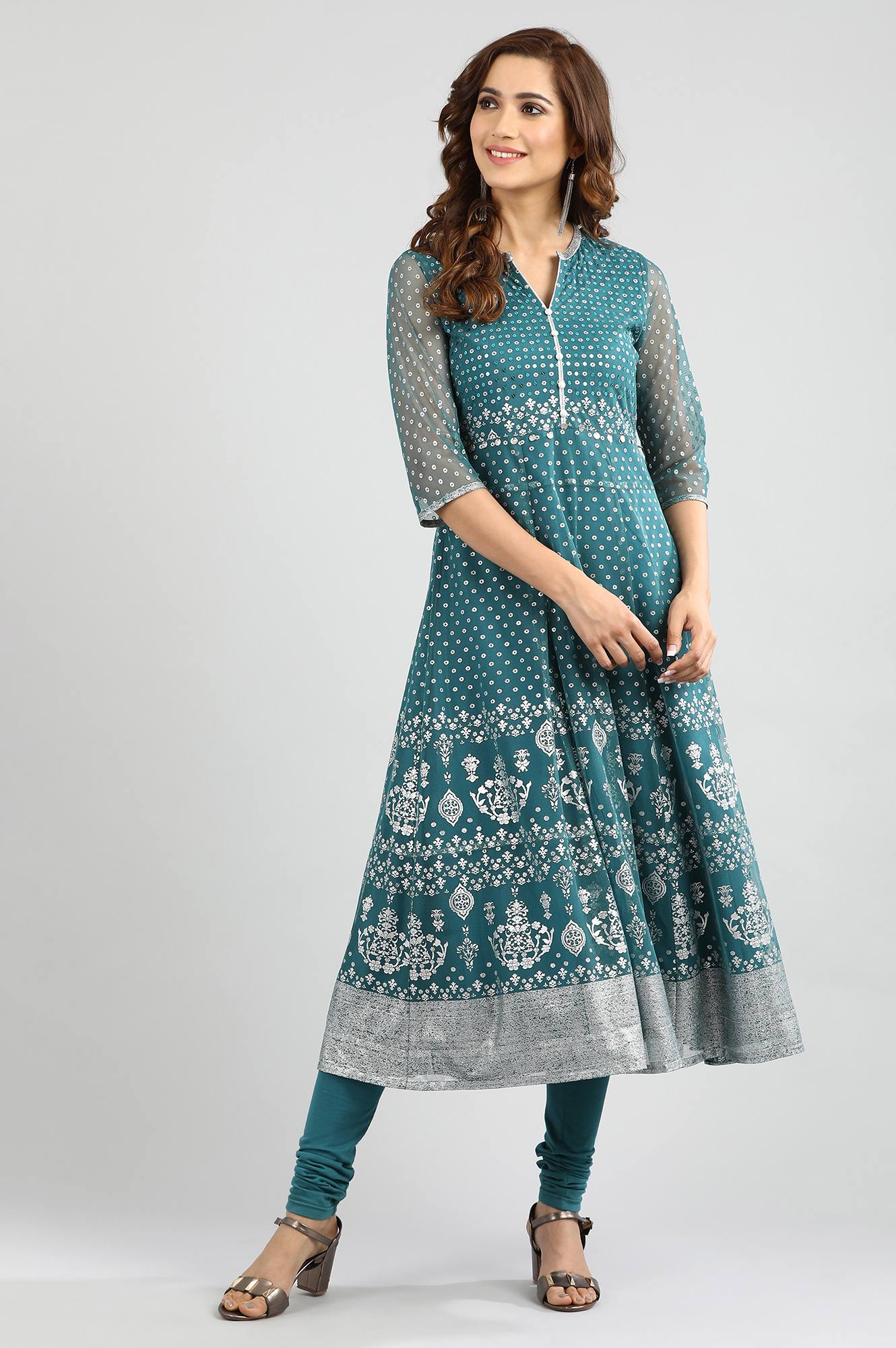 Teal Blue Band Collar Embellished kurta Set