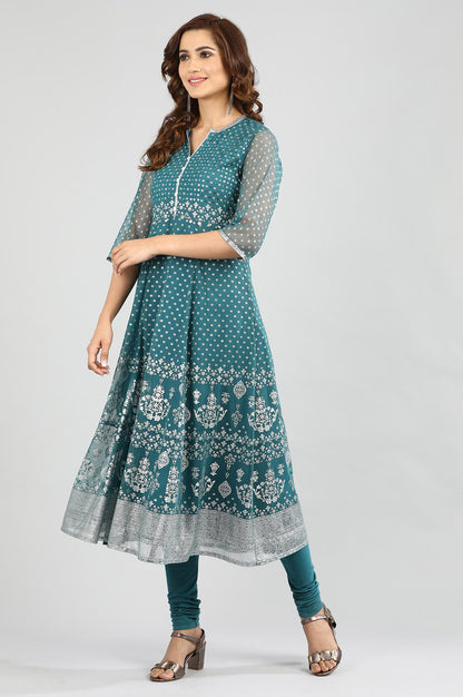 Teal Blue Band Collar Embellished kurta Set