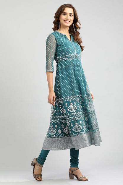 Teal Blue Band Collar Embellished kurta Set