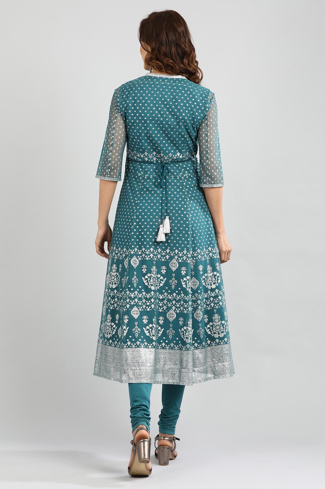 Teal Blue Band Collar Embellished kurta Set