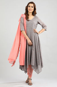 Grey V-Neck Printed kurta Set