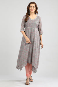 Grey V-Neck Printed kurta Set