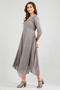 Grey V-Neck Printed kurta Set