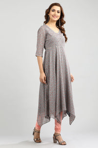 Grey V-Neck Printed kurta Set
