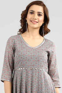 Grey V-Neck Printed kurta Set