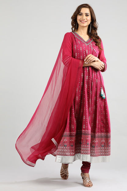 Pink V-Neck Printed kurta Set