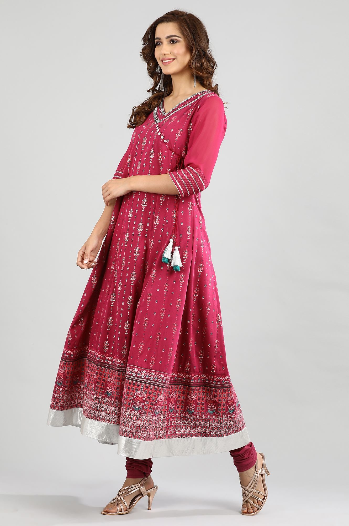 Pink V-Neck Printed kurta Set