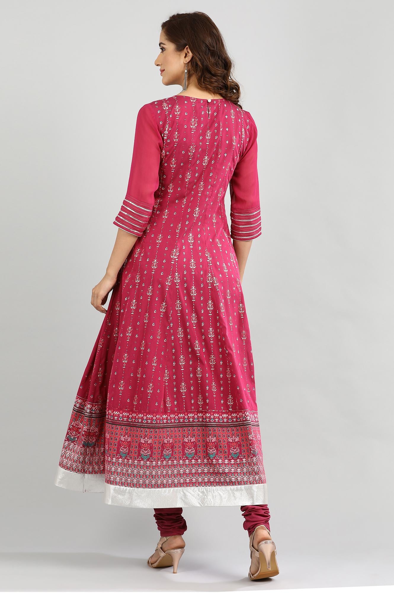 Pink V-Neck Printed kurta Set