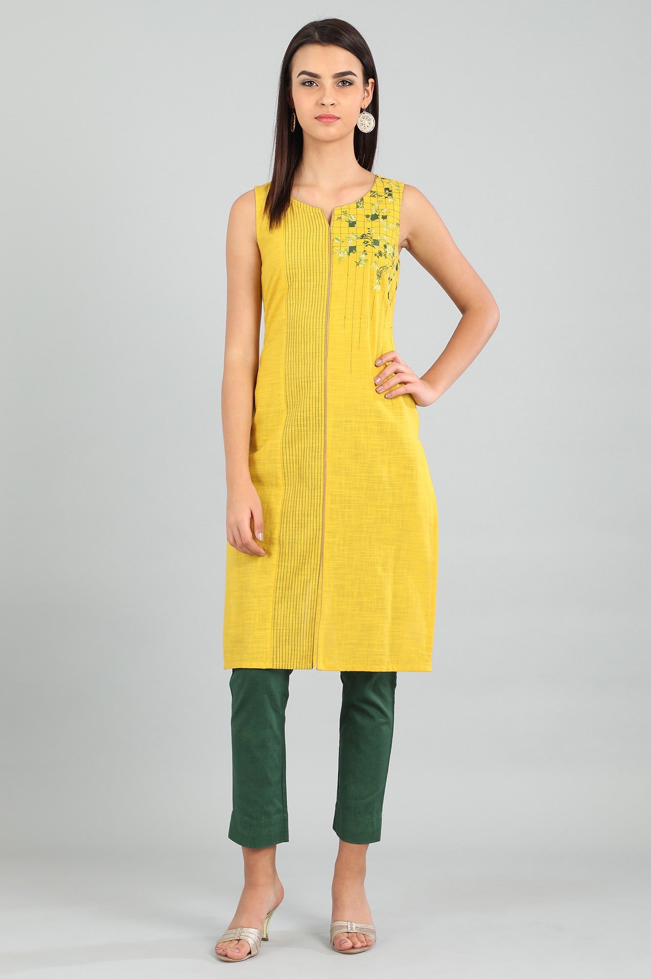 Yellow Round Neck Sleeveless kurta