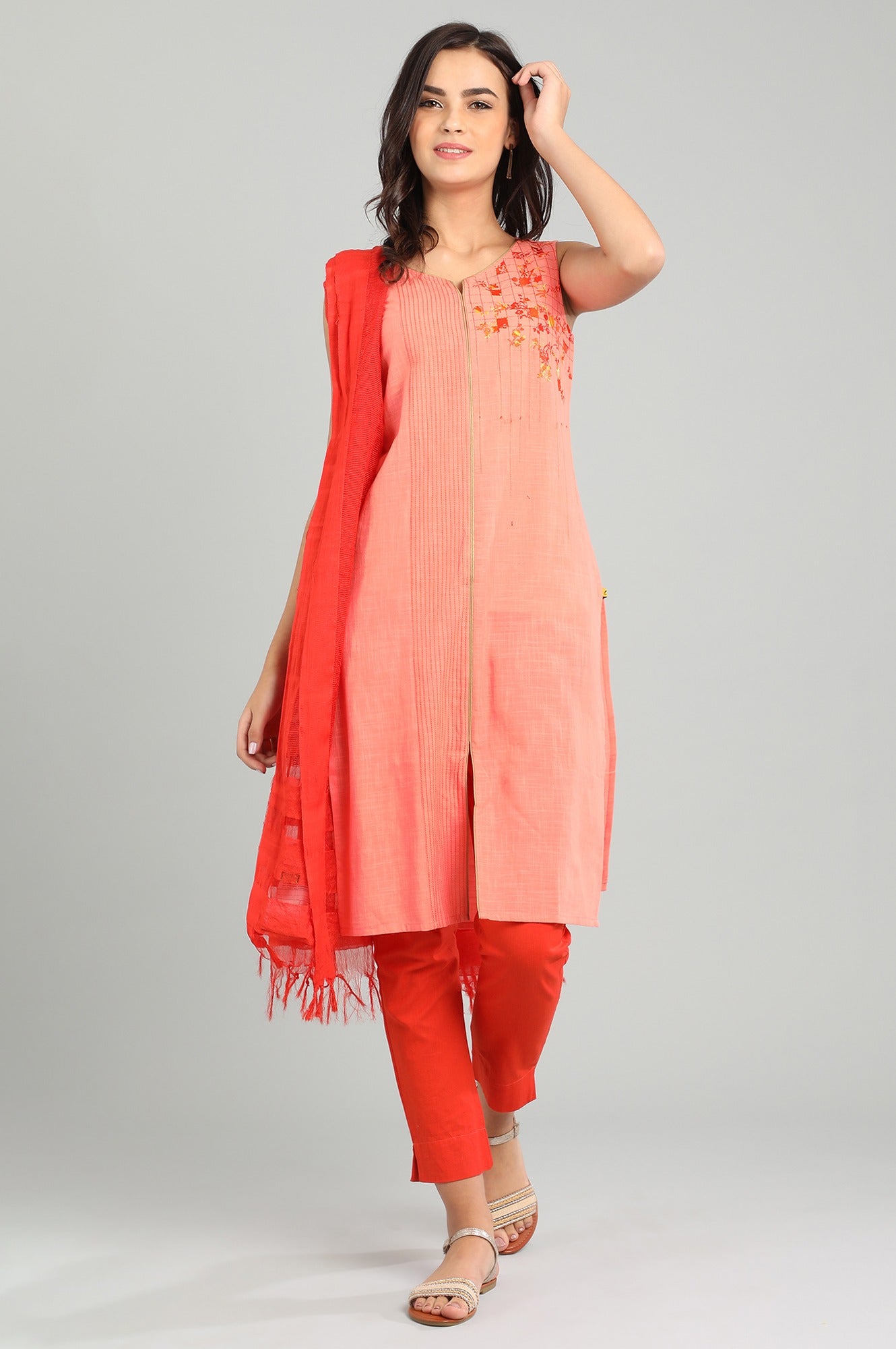 Orange Round Neck Sleeveless kurta