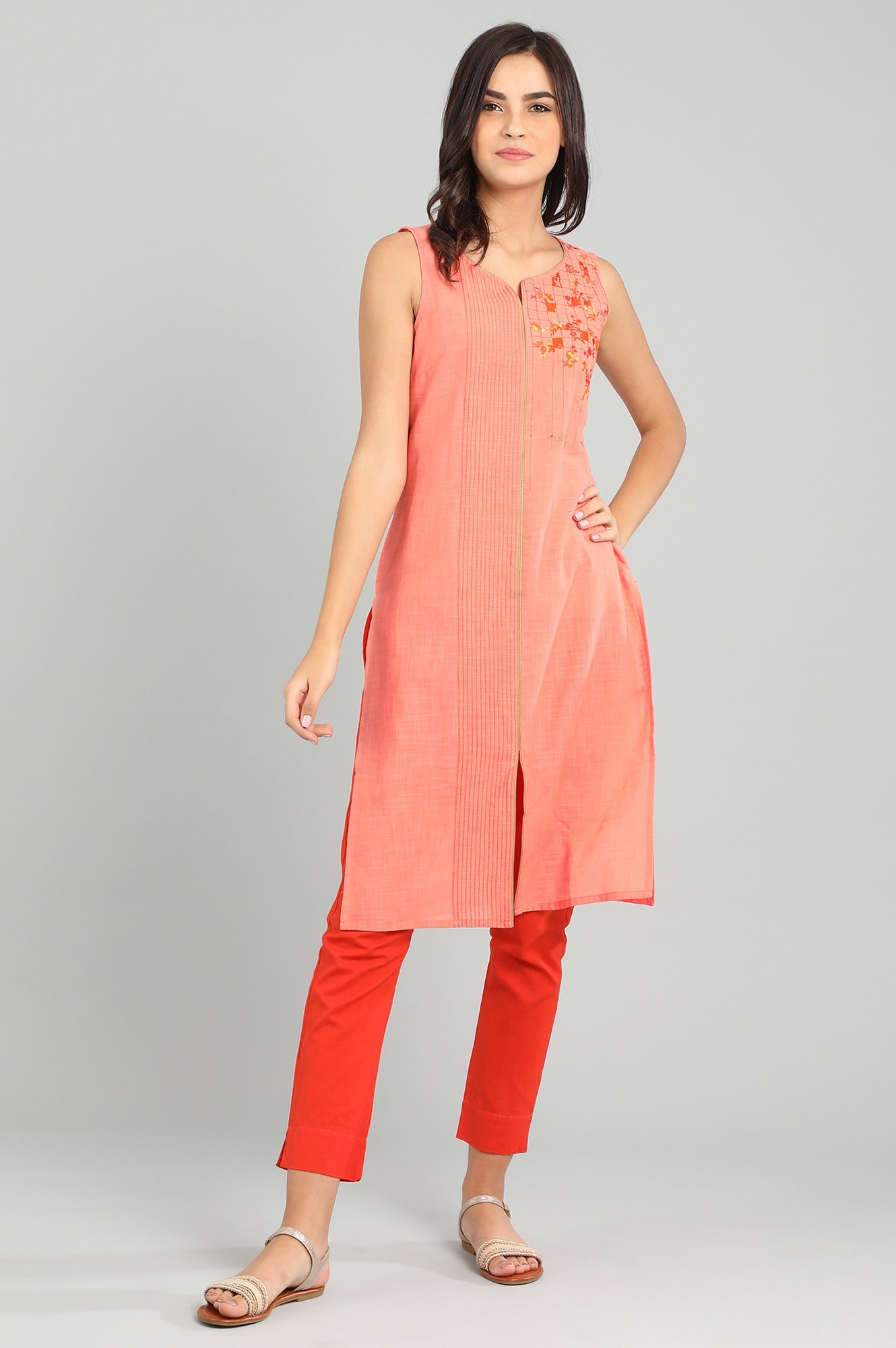 Orange Round Neck Sleeveless kurta