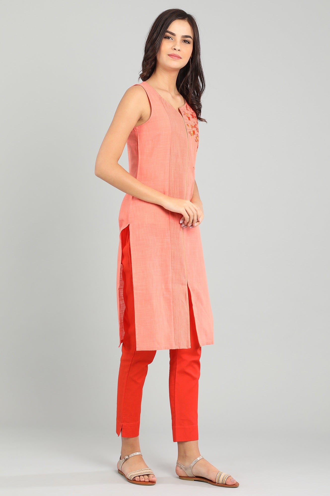 Orange Round Neck Sleeveless kurta