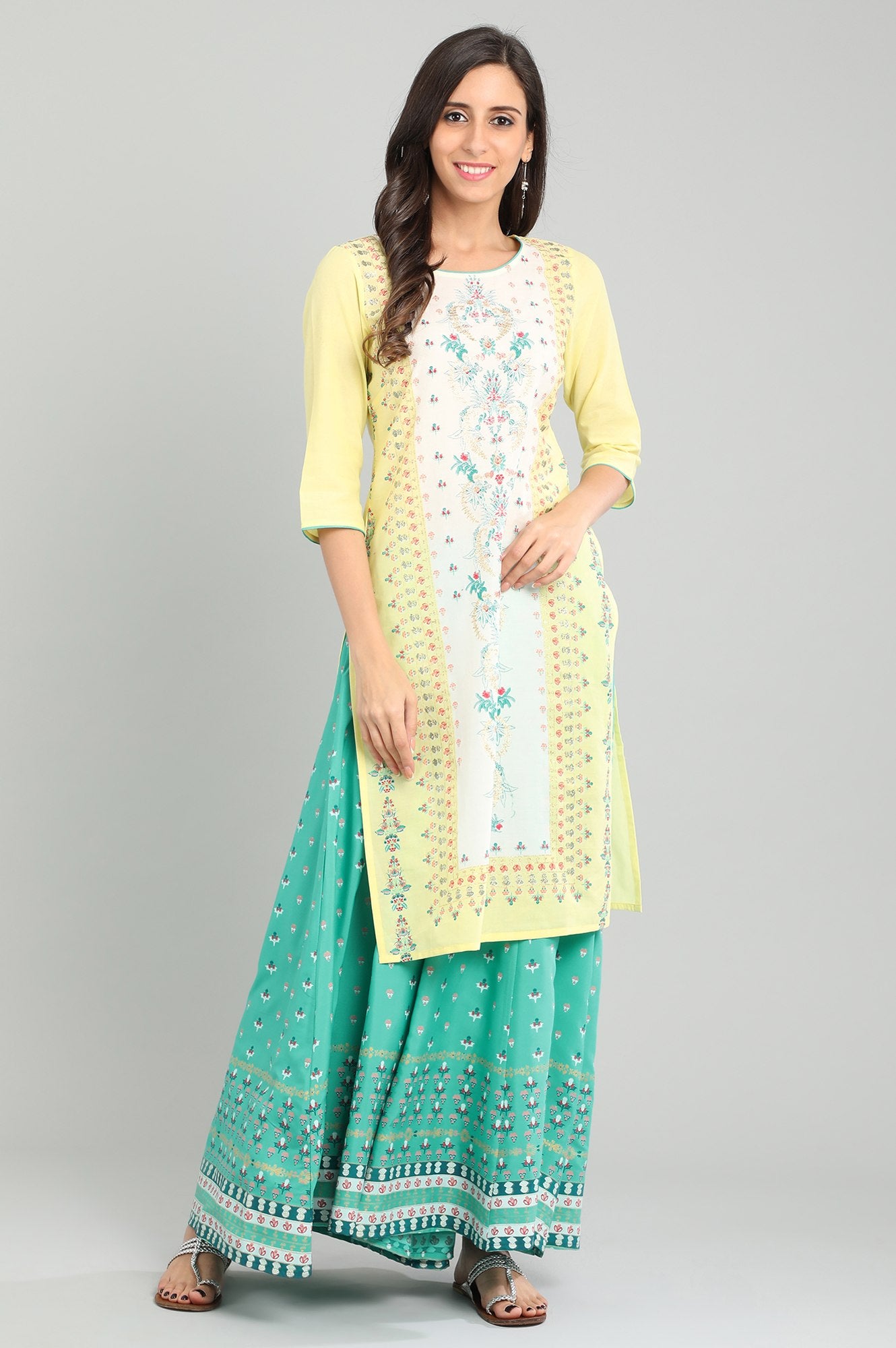 Yellow Round Neck Printed kurta