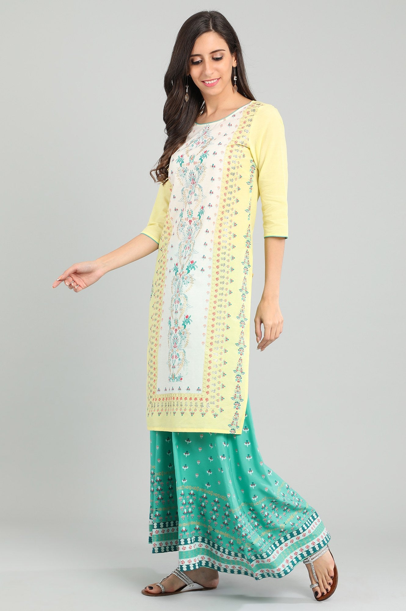 Yellow Round Neck Printed kurta