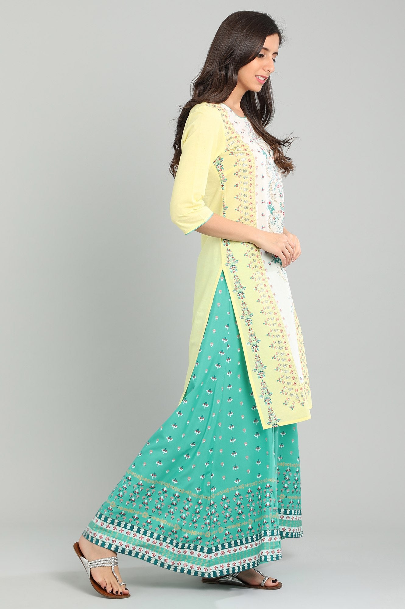 Yellow Round Neck Printed kurta