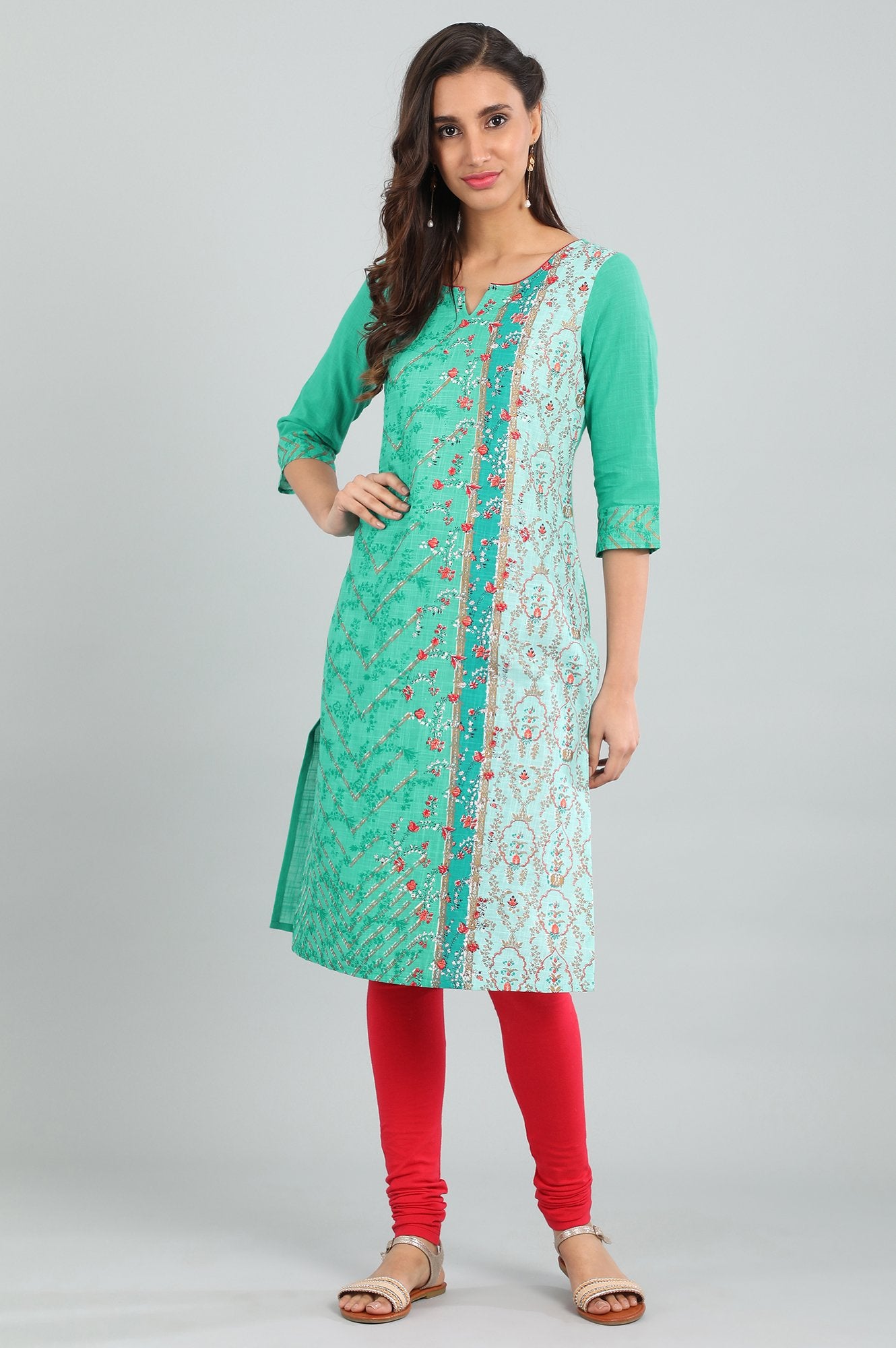 Green Round Neck Printed kurta