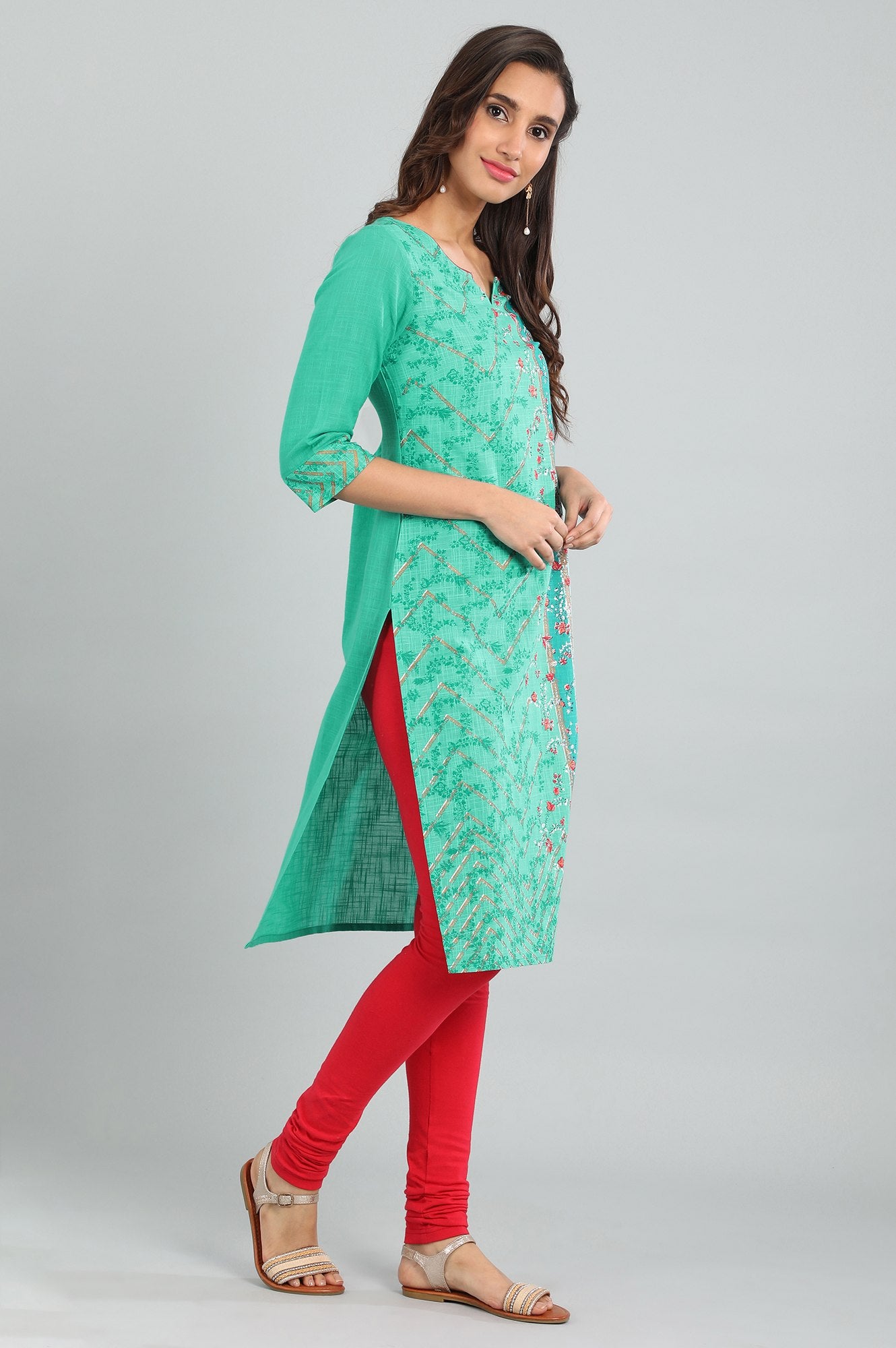 Green Round Neck Printed kurta