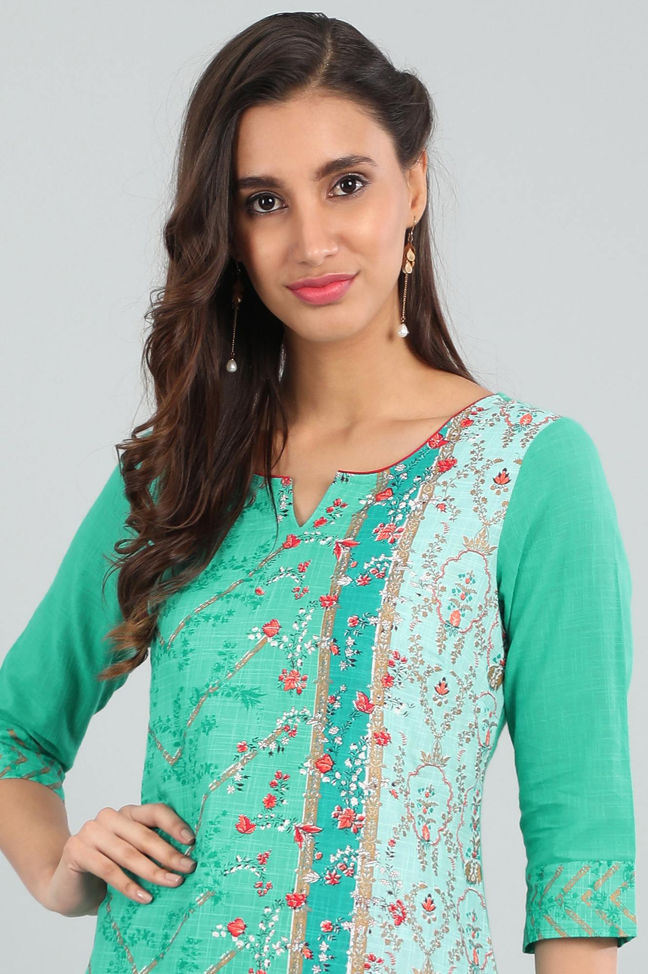 Green Round Neck Printed kurta