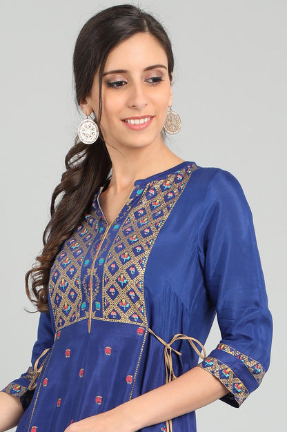 Blue Band Collar Printed kurta