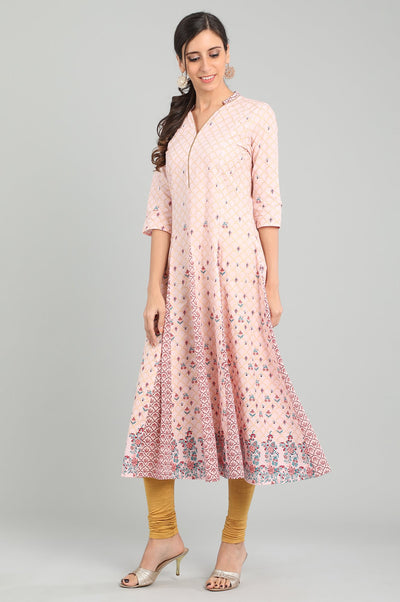 Pink Band Collar Printed kurta