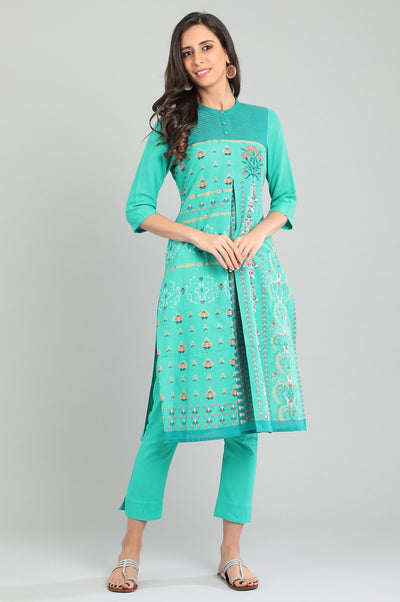 Green Band Collar Printed kurta