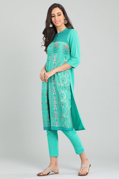 Green Band Collar Printed kurta