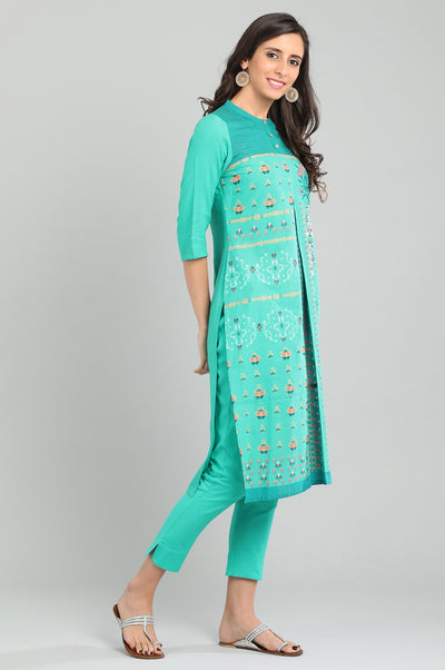 Green Band Collar Printed kurta