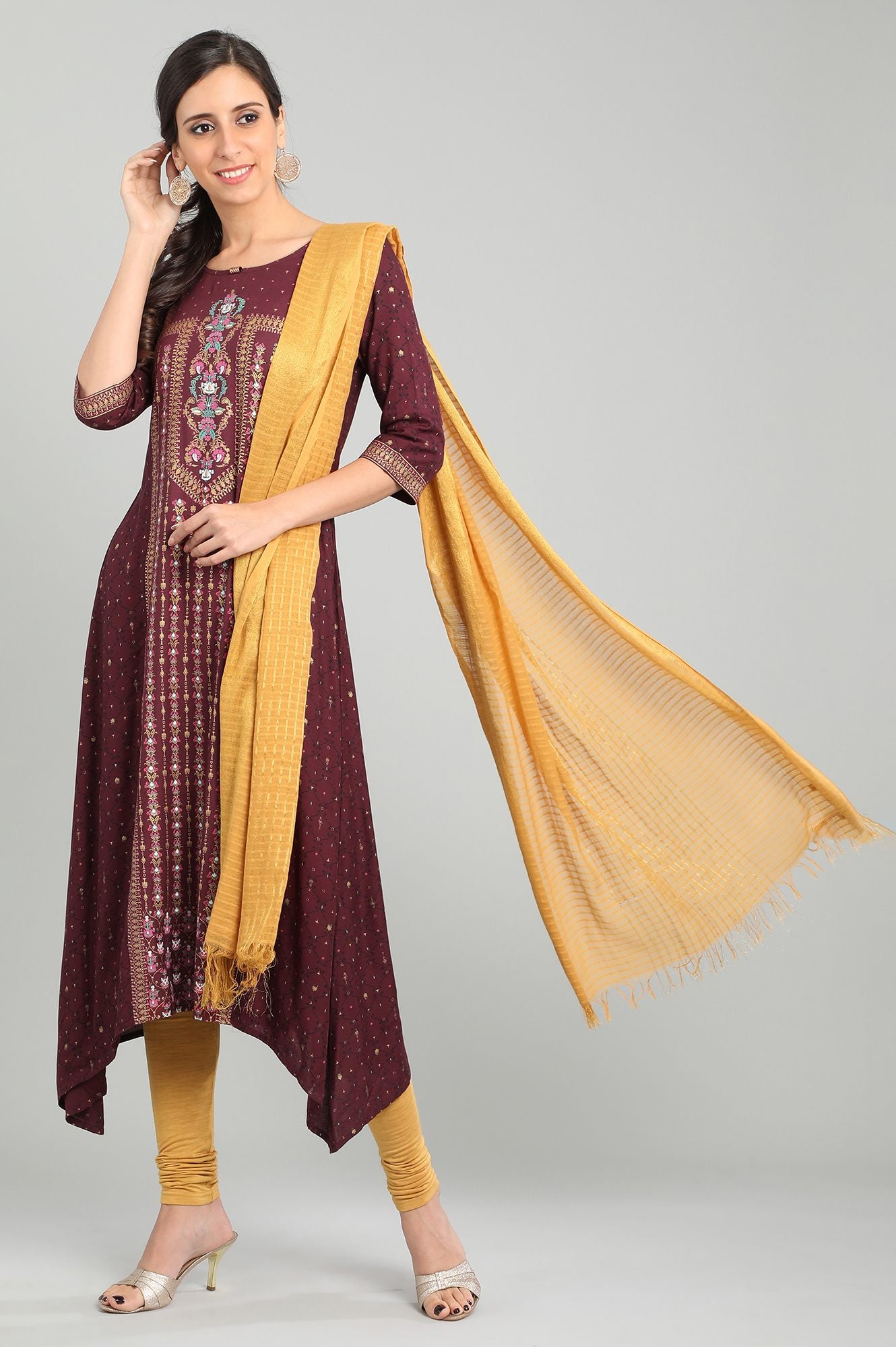 Maroon Round Neck Printed kurta