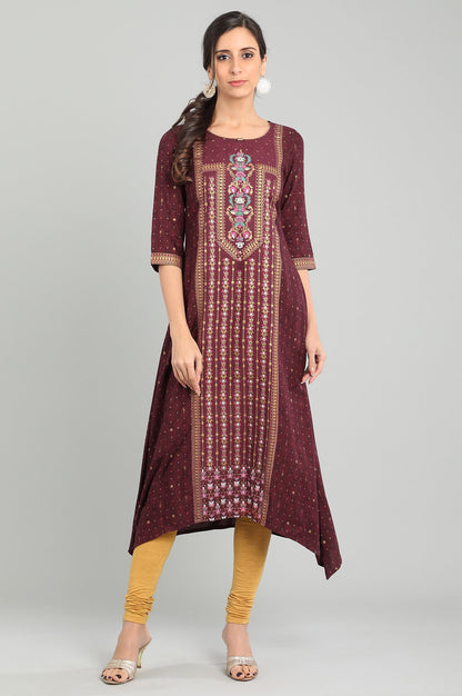 Maroon Round Neck Printed kurta